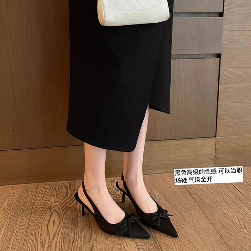 Sandalias de cabeza puntiaguda francesa de Grape Mom muestran la longitud de la pierna 7cm, sandalias de espalda puntiagudas con lazo de satén de tacón pequeño