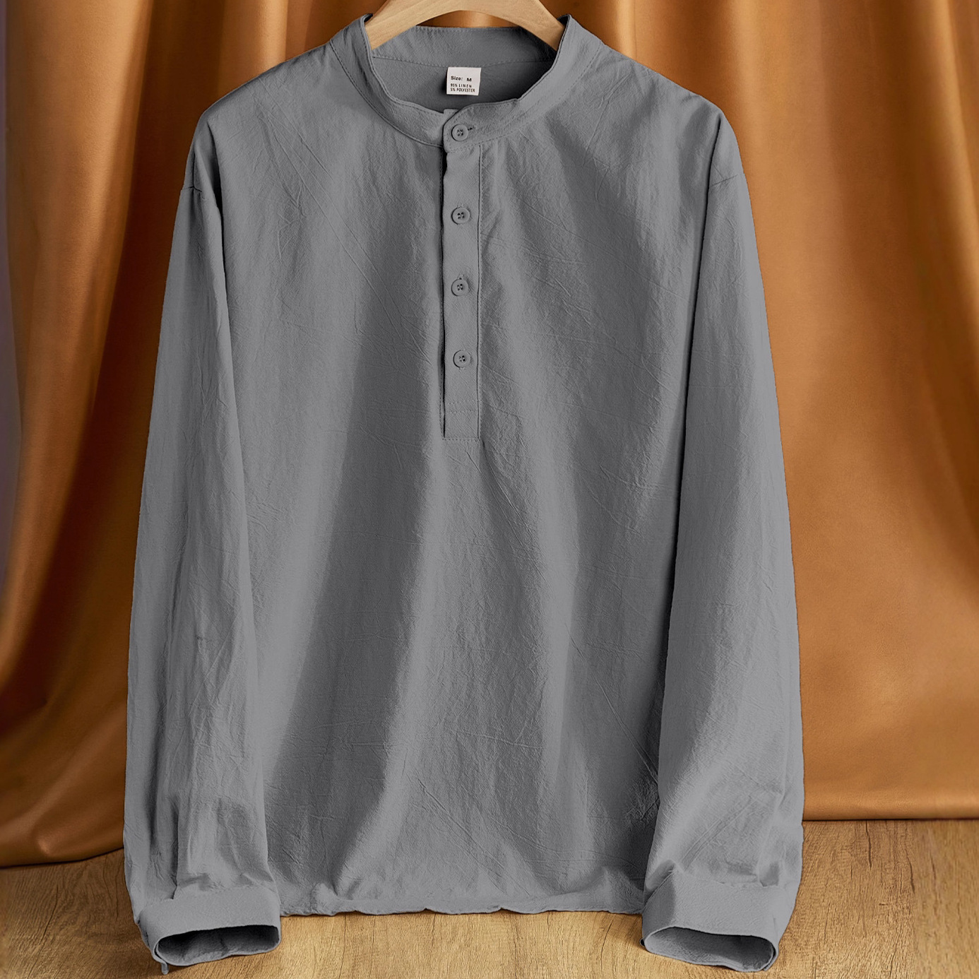 Camicia casual da uomo a maniche lunghe con colletto alla coreana, tinta unita, modello Foreign Trade, 2026._voghion.com