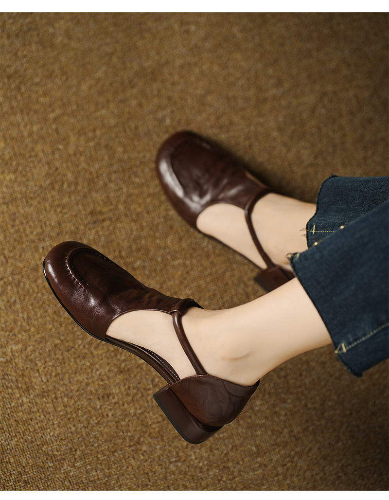 Dép sandal nữ quai ngang mũi tròn đế bằng da bò phong cách retro — màu nâu chi tiết 6
