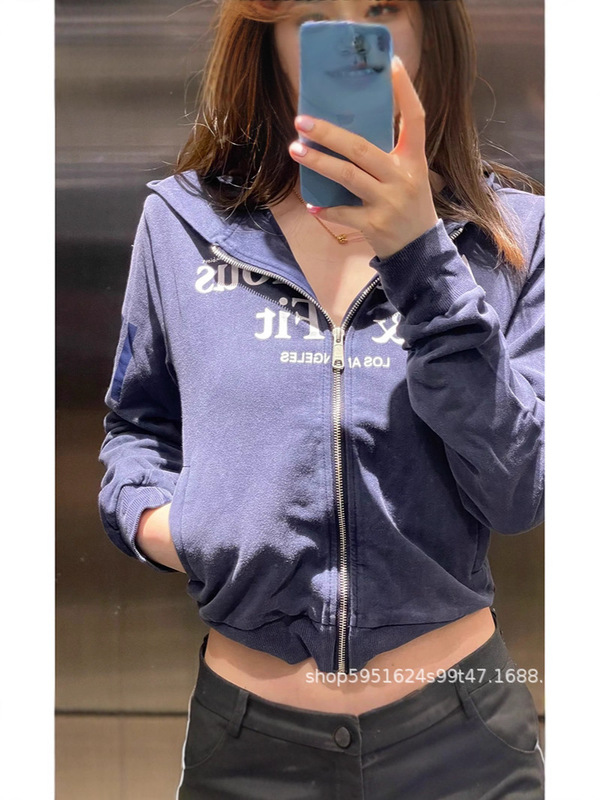 现货25早秋新款Jennie同款蓝色做旧洗水拉链卫衣连帽修身短款上衣|undefined