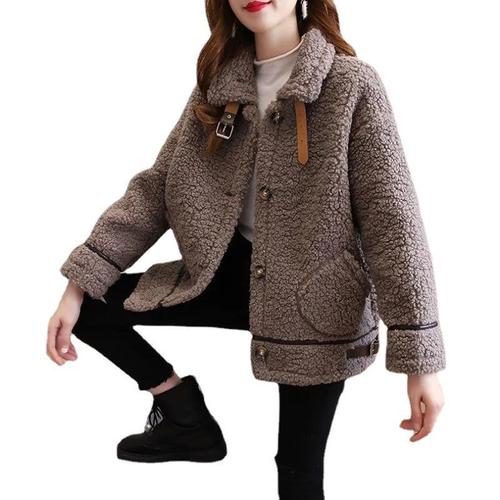 Lamb wool short coat for women autumn and winter  new plus velvet loose large size belt lamb wool POLO top for women