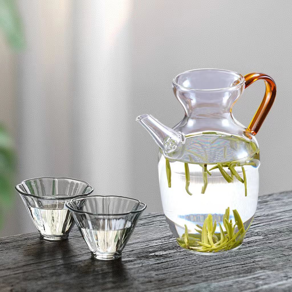 Small morning green teapot with amber handle + 2 hibiscus cups