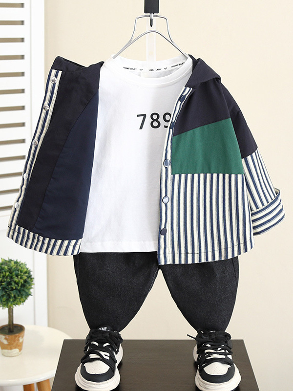 5829 chaqueta de niño primavera y otoño 2025 nueva chaqueta con capucha a rayas de otoño para niños coreanos top casual de bebé