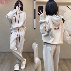 C3M运动服休闲加绒套装女2024秋冬季新款连帽卫衣宽松显瘦束脚两
