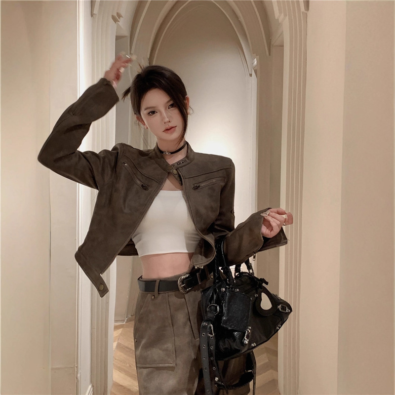 美式复古秋季短款机车服外套女春秋2025新款麂皮咖色帅酷气质夹克|undefined