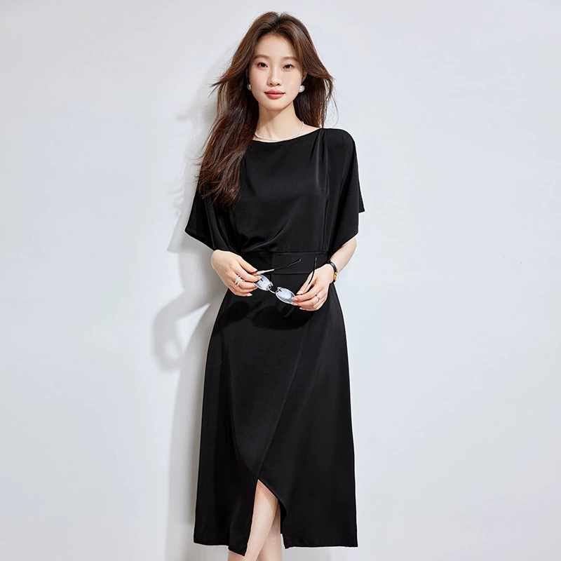 Необычное платье с короткими рукавами и круглым вырезом, элегантное маленькое черное платье в стиле Хепберн с рукавами «летучая мышь», утягивающее черное летнее платье