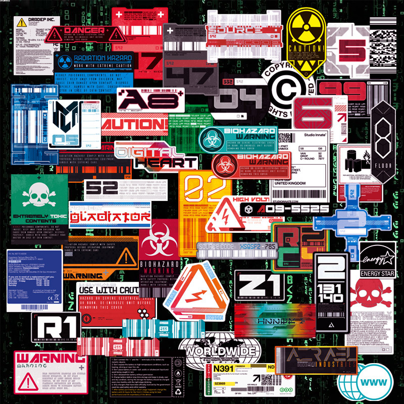 European and American electronic industry logo label cyberpunk technology fashion brand stickers waterproof suitcase stickers 53 pieces