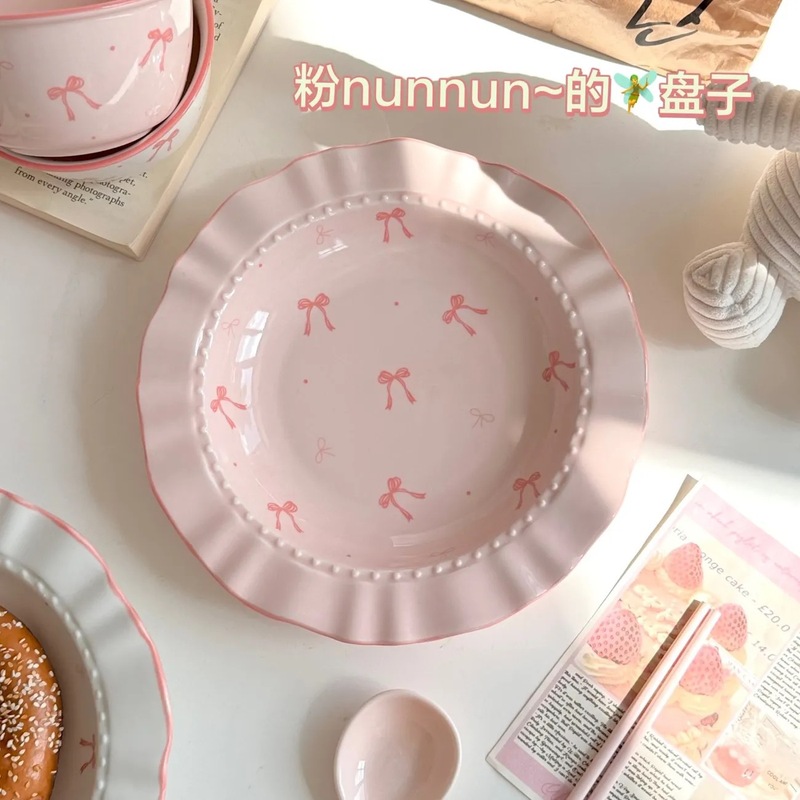 粉色ins风蝴蝶结陶瓷餐具套装面碗家用饭碗盘子釉下彩好看少女心|undefined