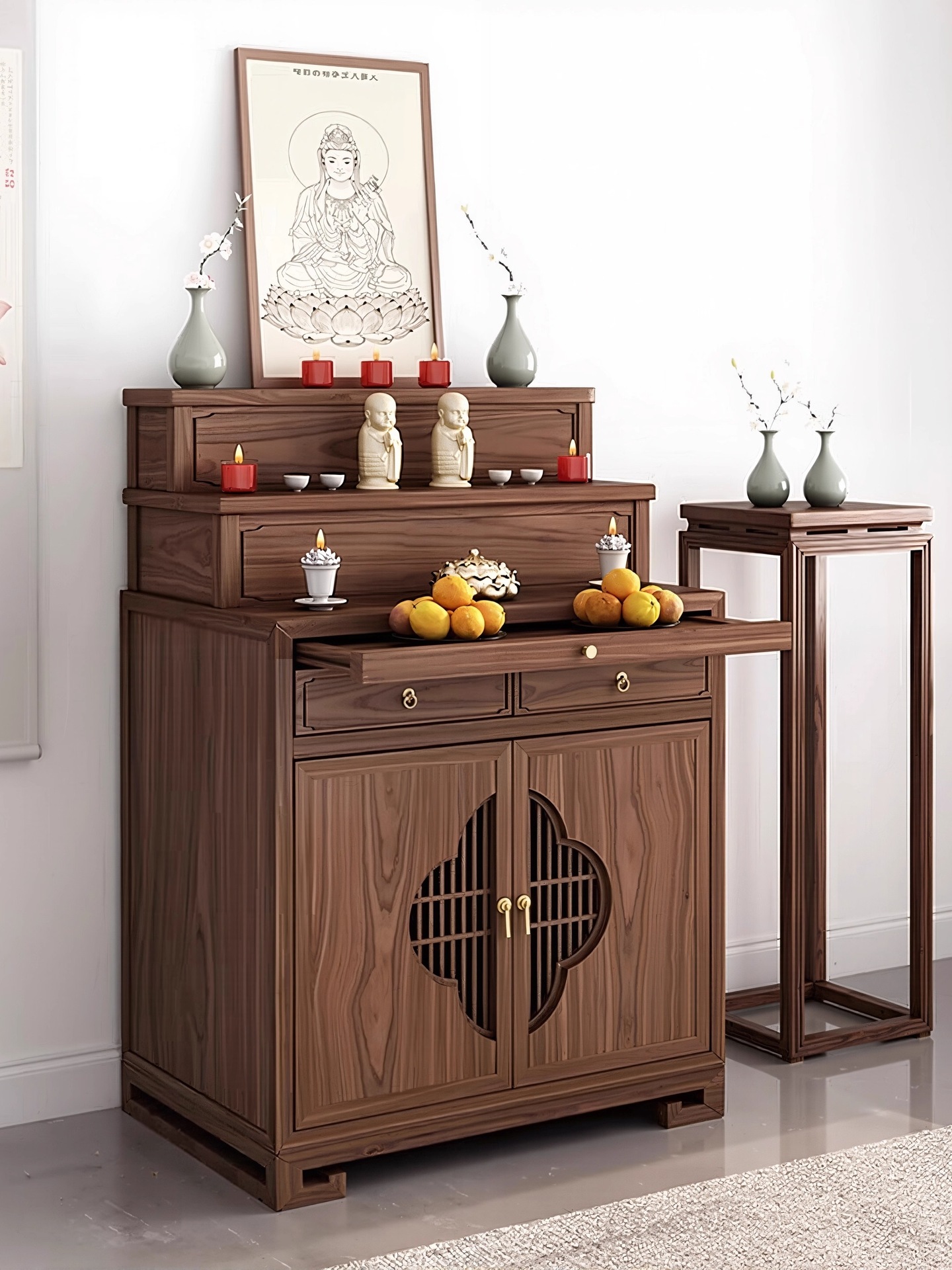 New Chinese-Style Solid Wood Offering Table for Home Use, Buddhist Altar, Three-Tier Xizang-Style Offering Table, Simple Offering Table, Buddhist Niche, Shrine