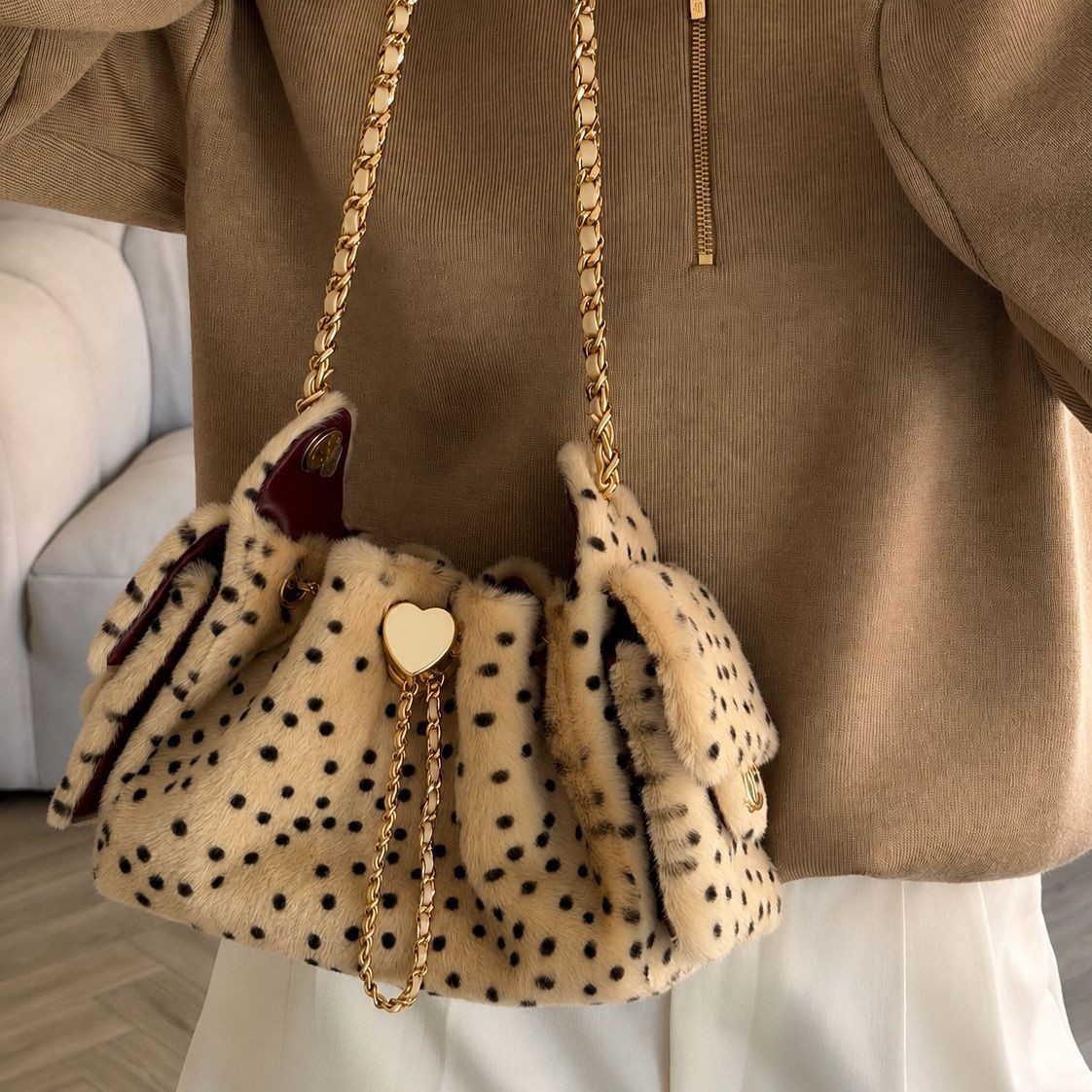 New cross-border foreign trade mini polka dot hippie bag, dumpling bag, leopard print plush shopping bag, Korean style retro bucket bag