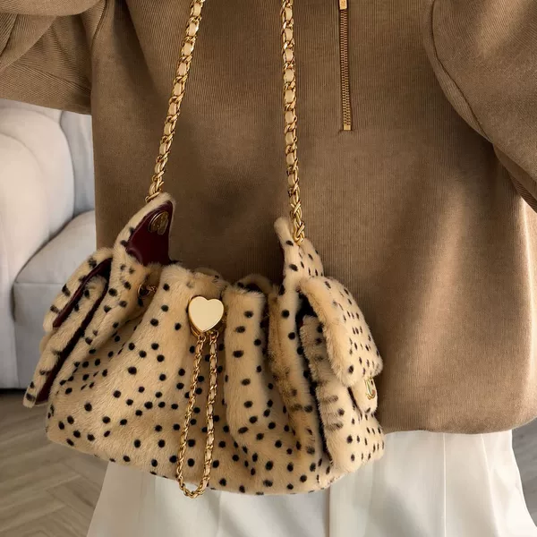 New cross-border foreign trade mini polka dot hippie bag, dumpling bag, leopard print plush shopping bag, Korean style retro bucket bag