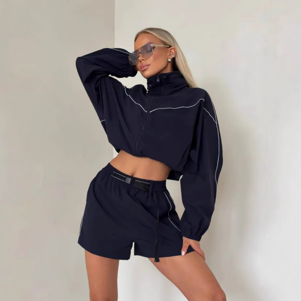Women's Solid Color Long Sleeved Zip Up Cardigan Elasticated Shorts Two Piece Set Casual Summer Outfit_voghion.com