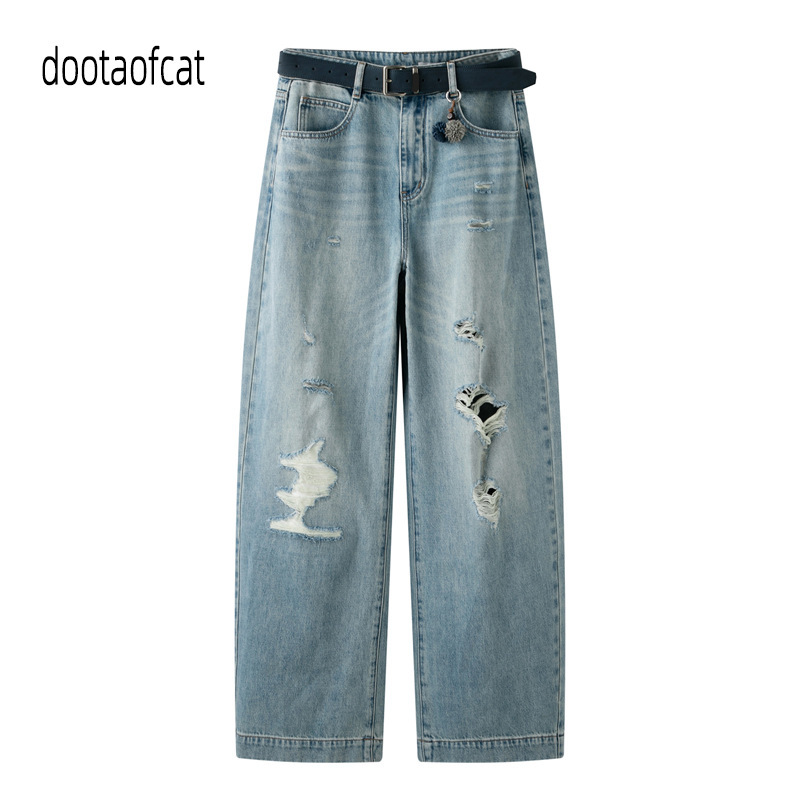 2026 Summer New Women's Designer Style Retro Distressed Ripped Wide-Leg Jeans Rk71302288 2026 Summer New Women's Designer Style Retro Distressed Ripped Wide-Leg Jeans Rk71302288