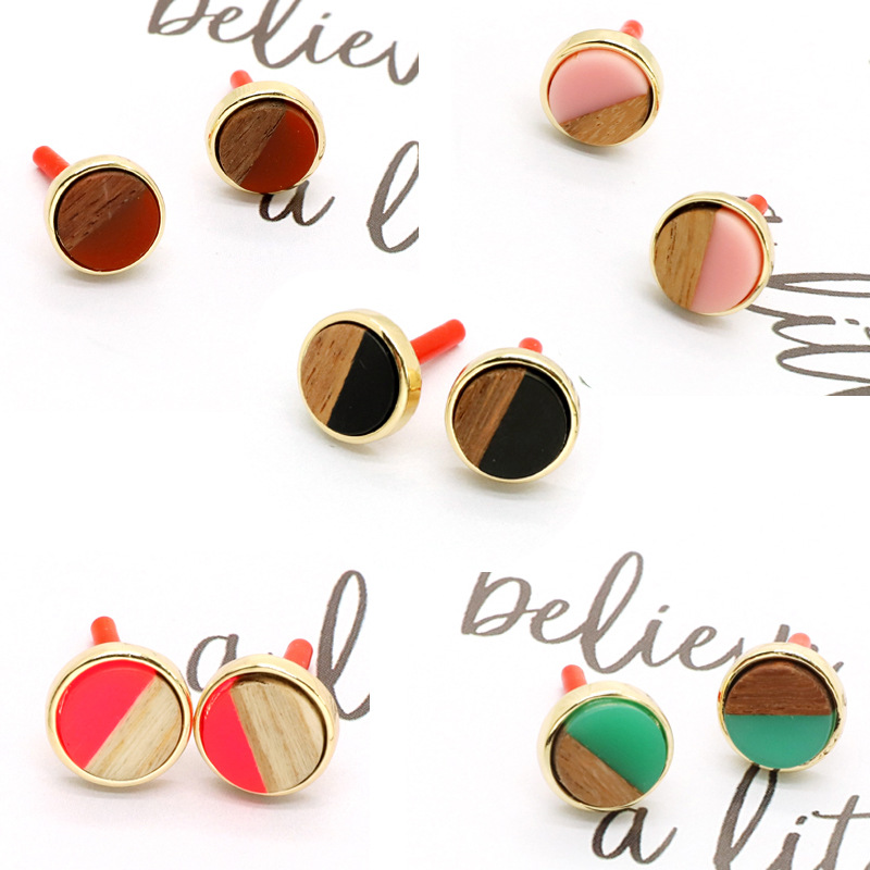 retro simple round resin wood earrings trend geometric contrast stitching earrings female
