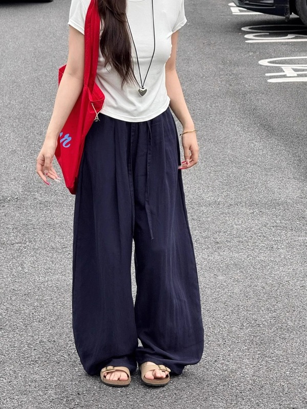 藏青色弯刀裤女夏季薄款2025新款高腰垂感宽松休闲天丝亚麻阔腿裤|undefined
