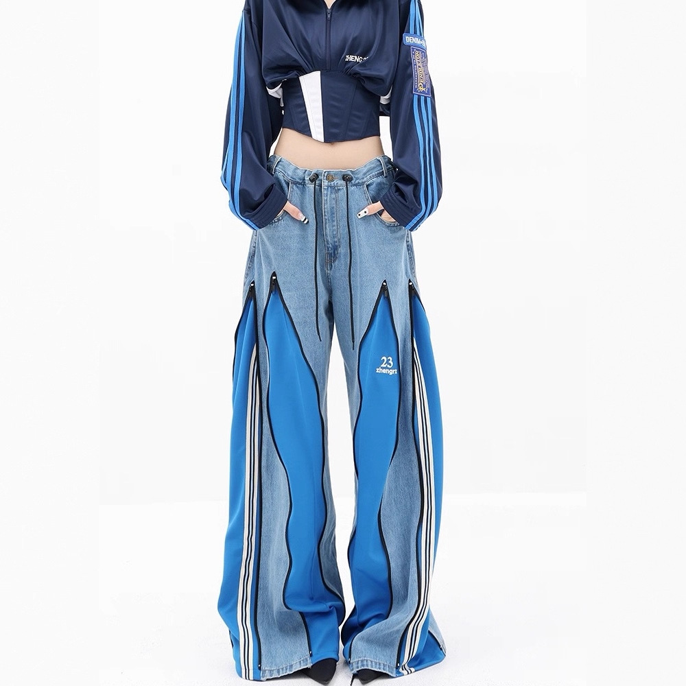 Trendy Patchwork Color-Blocking Embroidered Letter Design Women's Jeans Niche Design Zipper Wide-Leg Pants 2025 Autumn in Stock