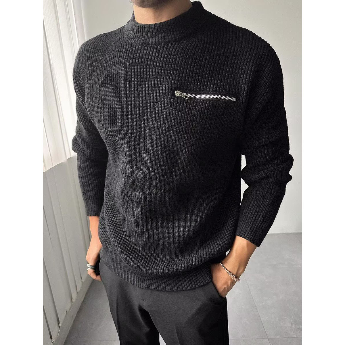 Diseño de cremallera de cuello redondo camiseta de punto suéter hombre viejo estilo de negocios estilo de invierno otoño suéter fábrica transfronteriza mayorista image 3