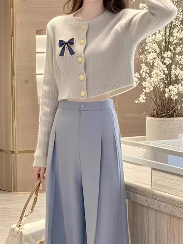 早秋穿搭一整套漂亮女装高端时尚气质小香风毛衣针织开衫裤子套装|undefined