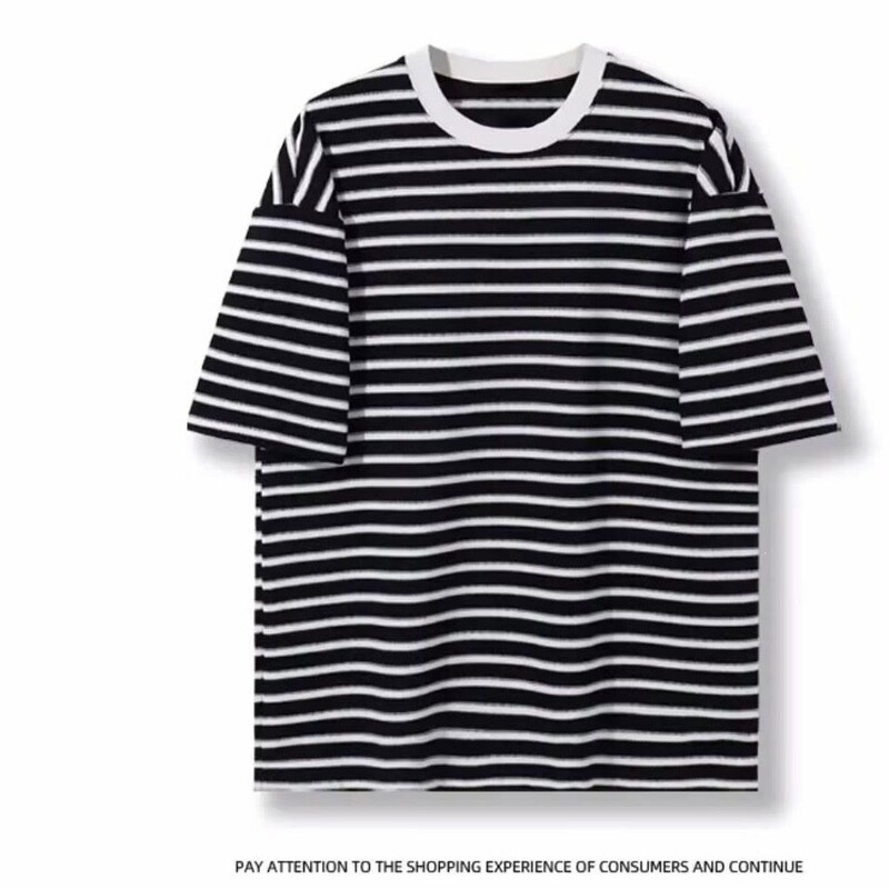 Men's Short-Sleeve T-Shirt, Summer Style, Half-Sleeve, 5-Point Sleeve, Half-High Collar, Loose Fit, Korean Style, Striped Base Shirt Men's Short-Sleeve T-Shirt, Summer Style, Half-Sleeve, 5-Point Sleeve, Half-High Collar, Loose Fit, Korean Style, Striped Base Shirt