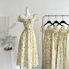 「Xin Xing」Yiyao ひまわりフレンチ明るい花柄ドレス女性の夏の気質スリムで優しい女の子のロングドレス