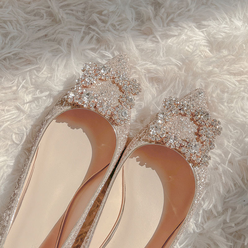 Wedding Shoes for Women 2025 New Style Rhinestone Pearl Pointed Toe Flats Shoes for Female Bridesmaids High and Low Heel Shallow Mouth Crystal Sequin Shoes