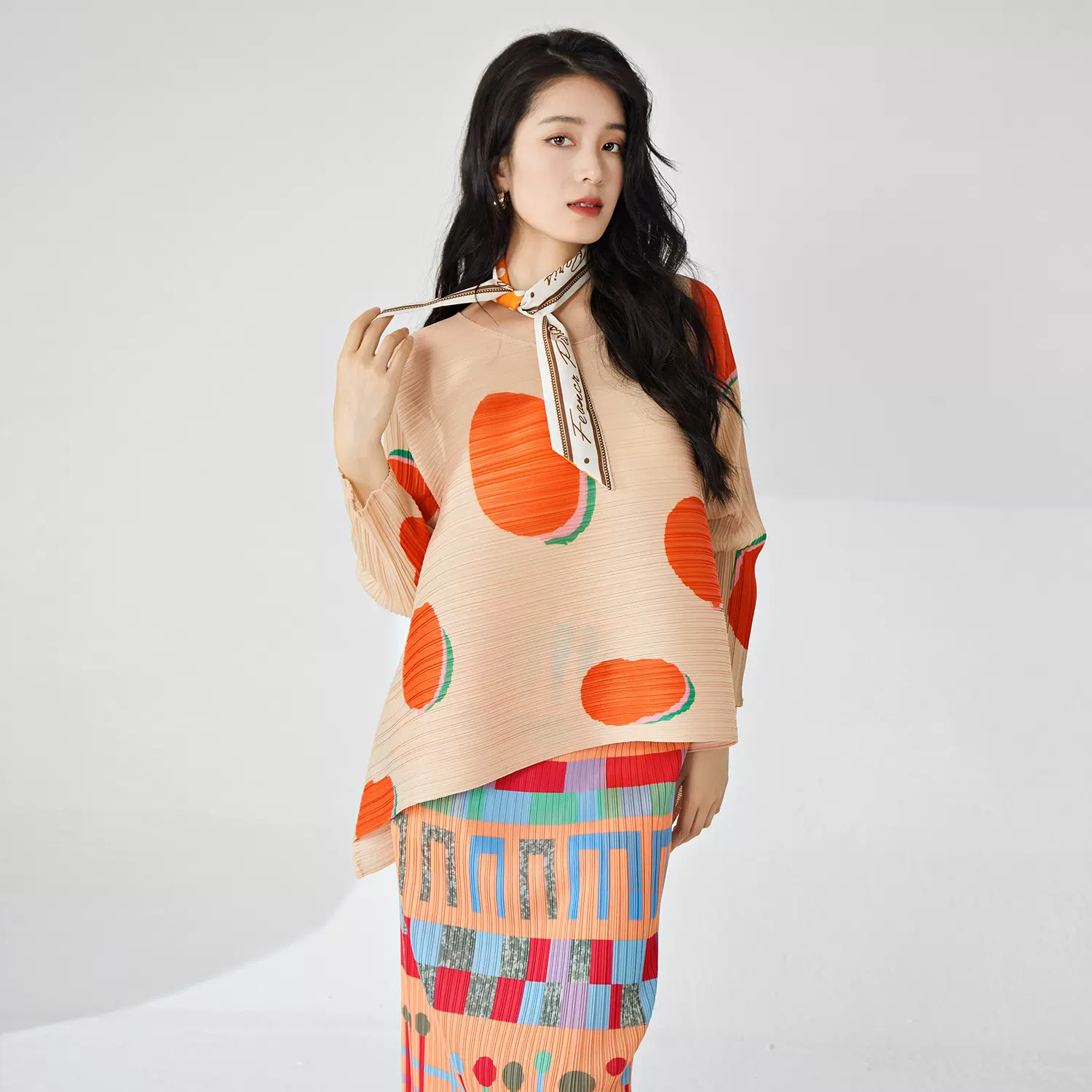 三宅专柜热卖t恤女基础新款印花不规则宽松大码胖mm褶皱长袖上衣