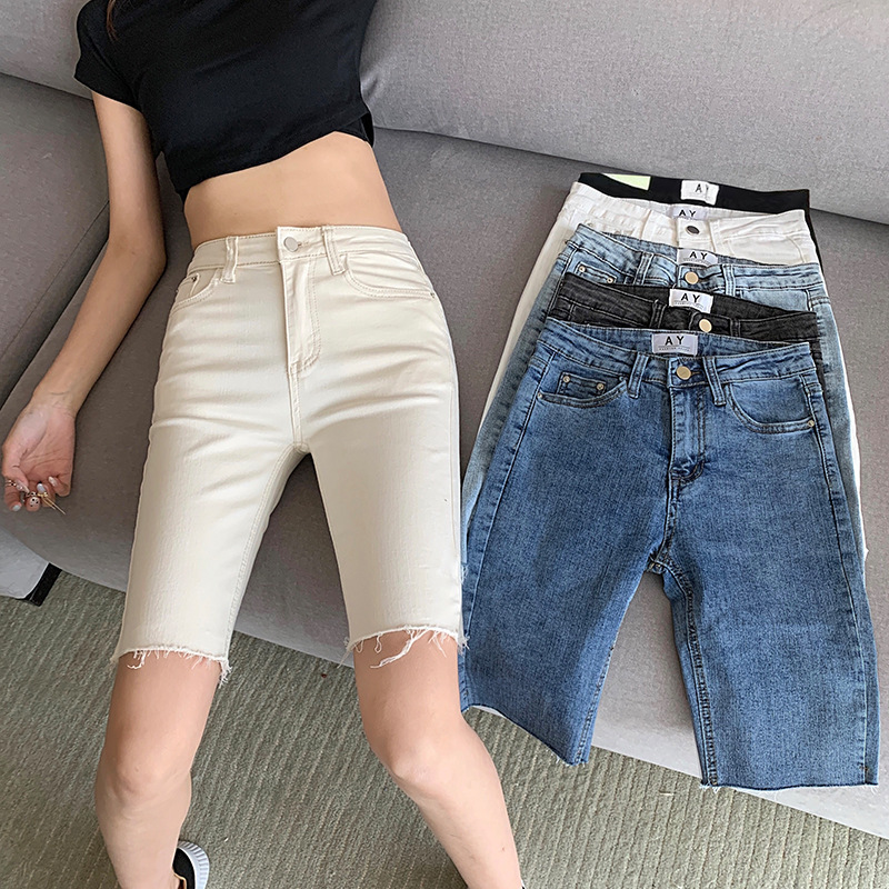 Stretch Tight Denim Shorts for Women, Summer Thin Raw Edge Shorts, Straight Mid-Length Pants, Internet Celebrity Cycling Shorts, Quarter Pants