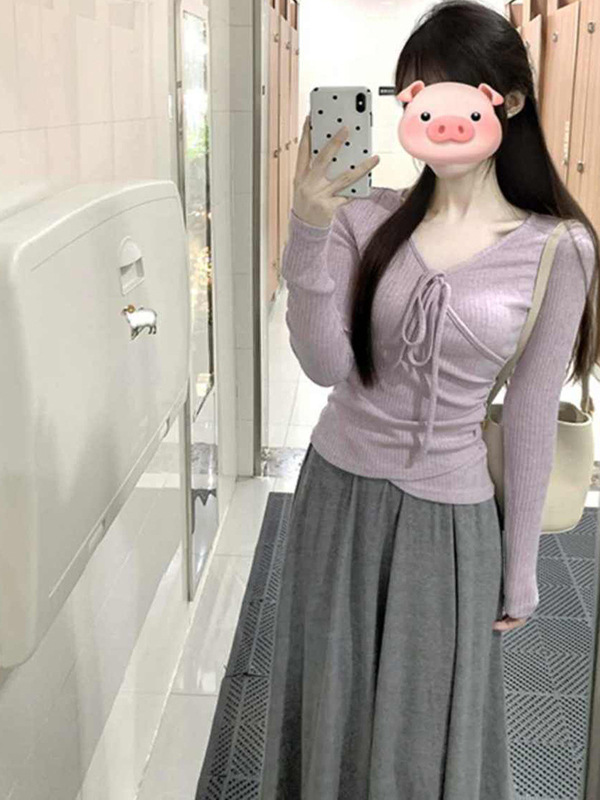 纯欲交叉绑带不规则长袖针织衫女早秋新款褶皱显瘦修身短款上衣潮|undefined