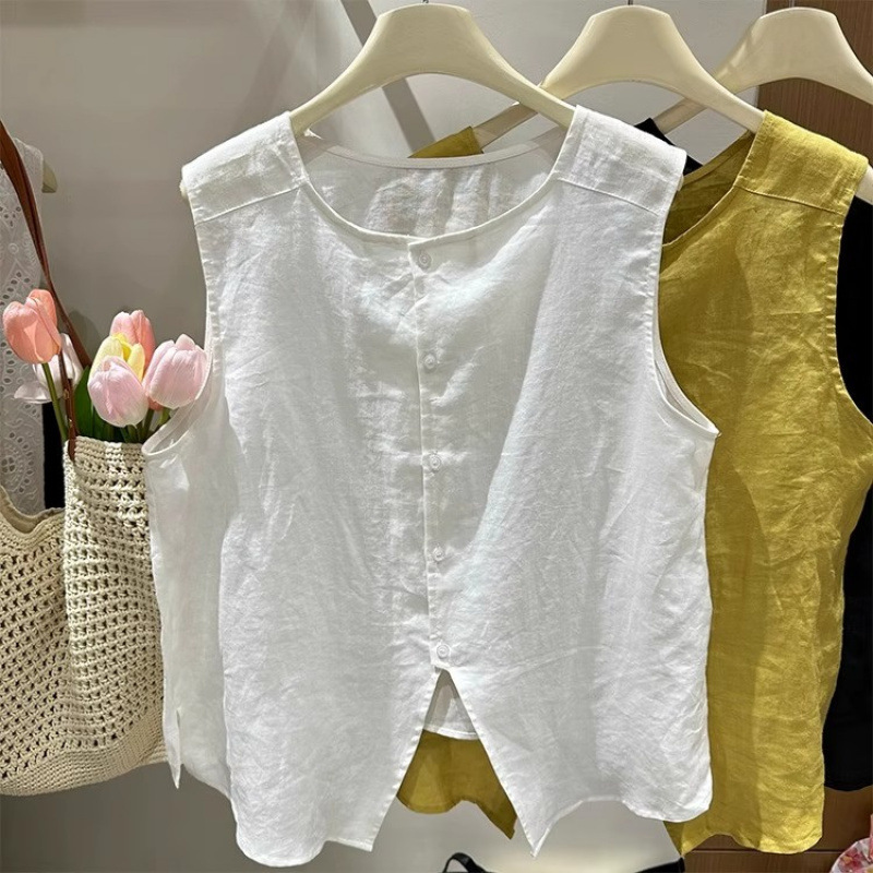 Round Neck Slit Sleeveless Shirt Women's Summer Plus Size Fat mm Fashionable Chic Beautiful Versatile Shirt Cotton and Linen Top Round Neck Slit Sleeveless Shirt Women's Summer Plus Size Fat mm Fashionable Chic Beautiful Versatile Shirt Cotton and Linen Top
