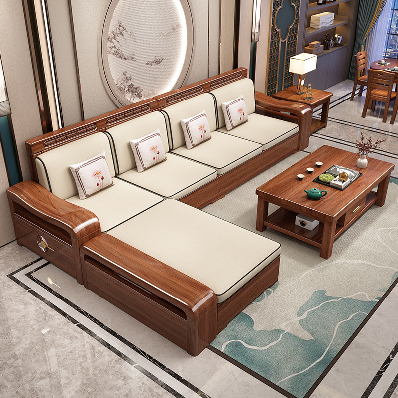 Chinese Walnut Solid Wood Sofa Living Room Combination Modern Household Small Apartment Simple Storage All Solid Wood Furniture