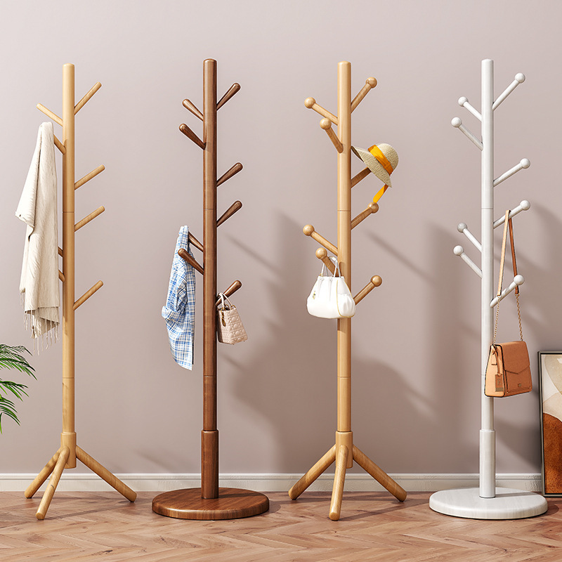 Solid Wood Floor-Standing Coat Rack Bedroom Clothes Rack Home Vertical Hanging Rod Essential for Rental Apartments Modern Simple