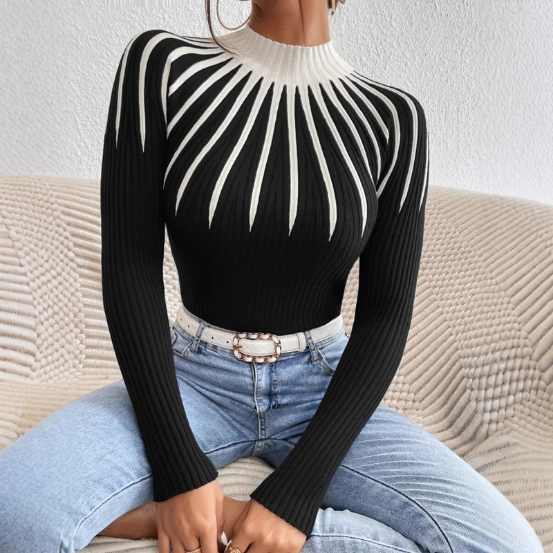 Cross-Border European and American Half Turtleneck Stripesd Sweater, Versatile Pullover Long-Sleeved Bottoming Shirt, Spring & Fall Slim Fit Autumn and Winter New Style