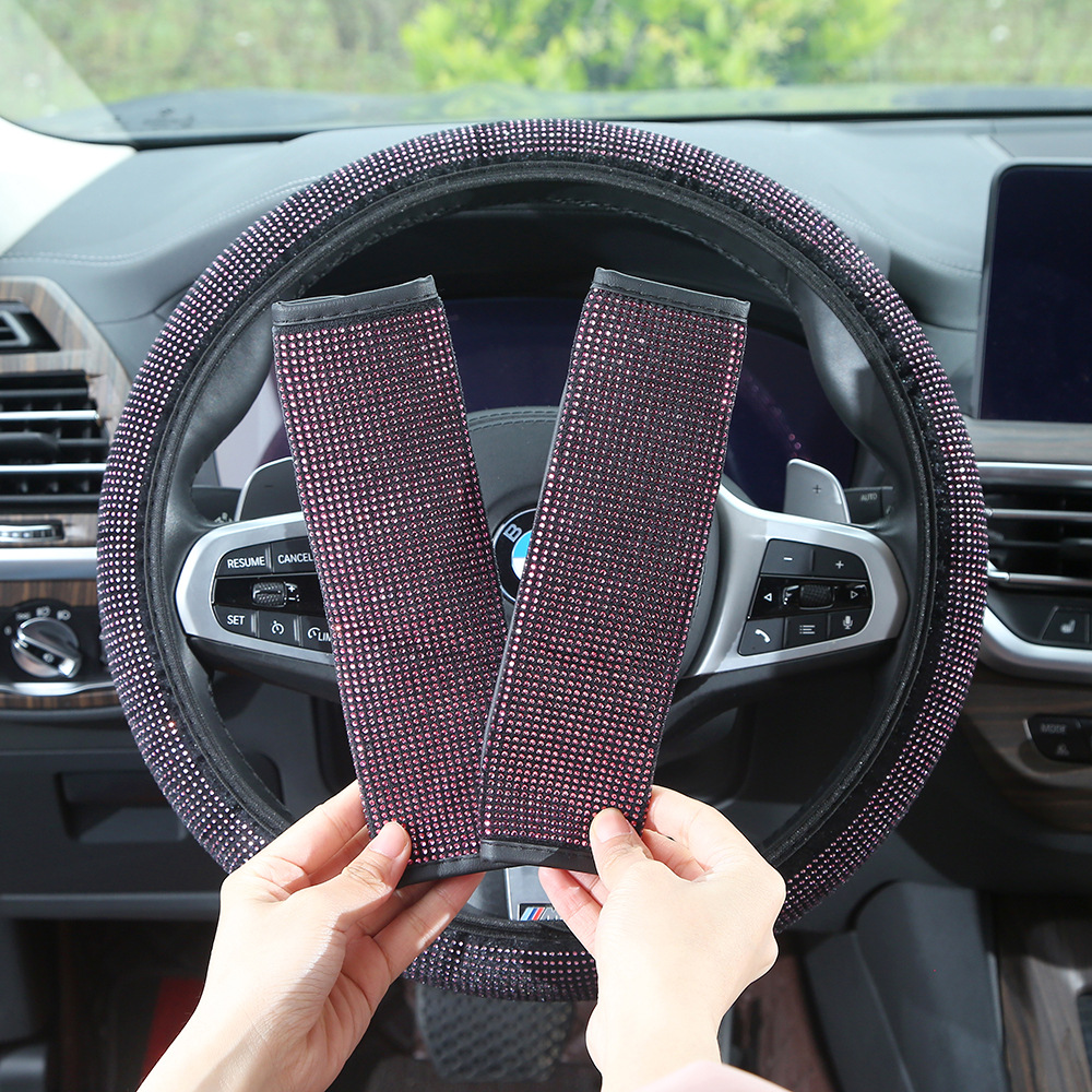 Full-diamond car steering wheel cover, dazzling rhinestone seatbelt shoulder pad, universal for all seasons, rearview mirror protective cover, wholesale