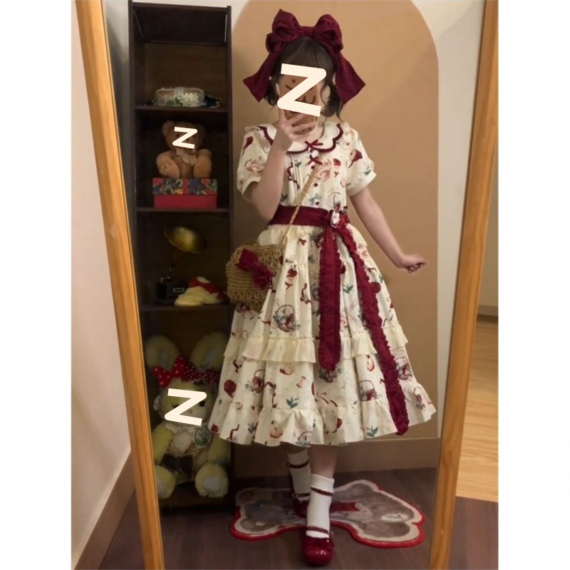 Japanese Sweet and Cute Waist-Cinching Doll Collar Printed Dress for Women Summer Petite Princess Lolita Tutu Skirt
