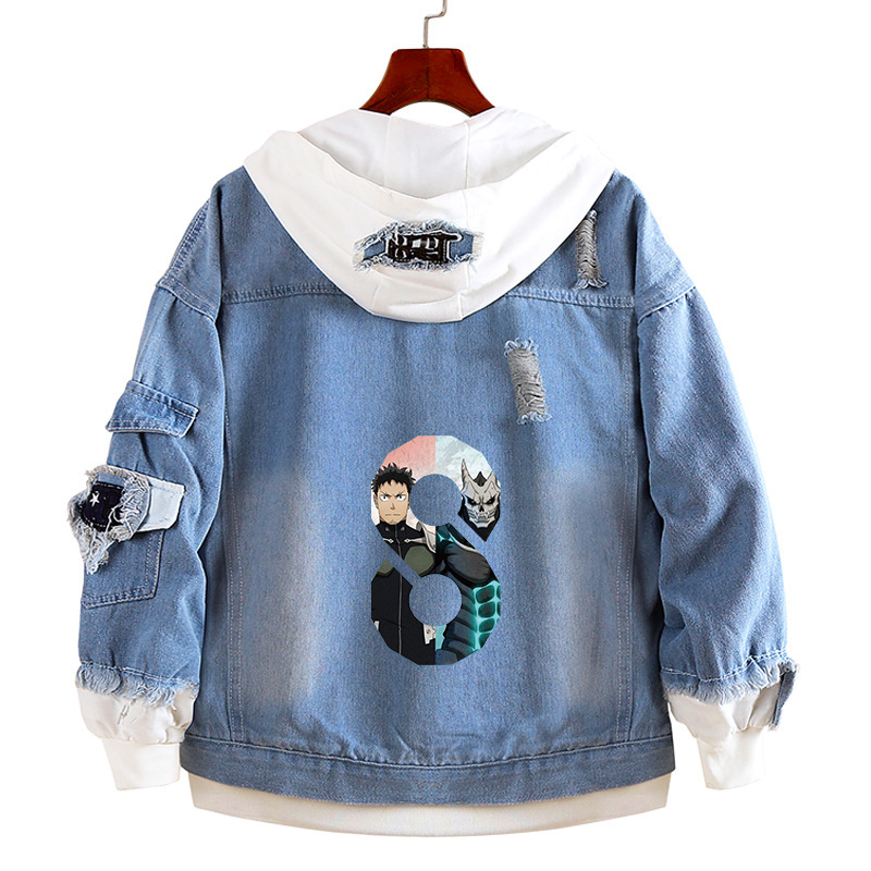 Monster No. 8 Anime Merchandise Denim Jacket, Trendy Casual Loose-Fitting Fake Two-Piece Patchwork Hooded Sweatshirt