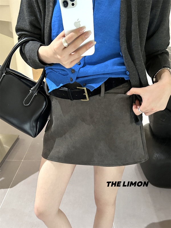 THE LIMON柠檬绿茶高级感复古鹿皮绒包臀短裙2025秋季高腰半身裙|undefined