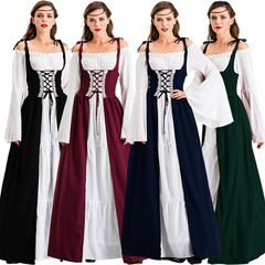 Halloween Costume Amazon European and American Collar Tied Waist Medieval Renaissance Retro Dress