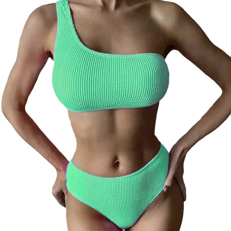 Traje de Baño de Estilo Europeo y Americano Nuevo para Mujer 2024, Bikini de Color Sólido con Estampado de Serpiente, Bikini Sexy de Un Hombro y Cintura Alta al por Mayor