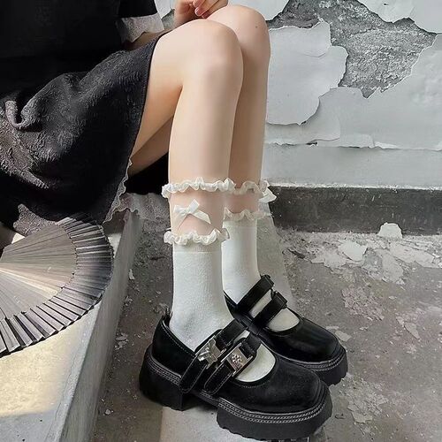 Little Red Book's same style black lace socks for girls, bow mid-calf socks, thin style, small leather shoes, jk socks, Lolita