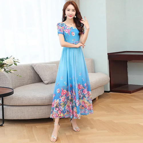 Style Print Dress Elegant Slimming Youthful Large Swing Medium Length Dress Beach Dress