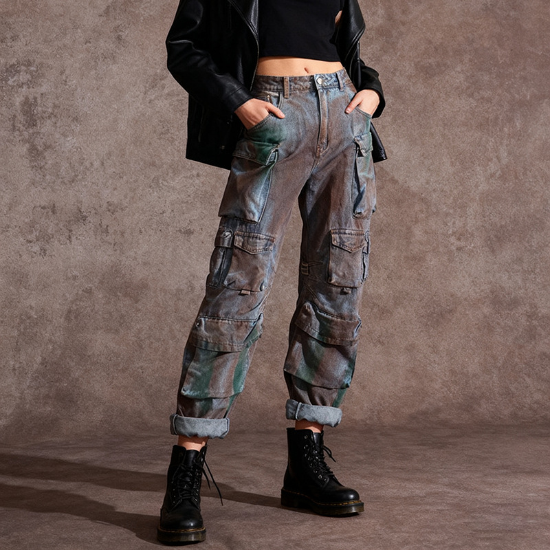 European and American Style Curved Hem Jeans for Women, 2026 Spring New Style, Casual Floor-Length Straight-Leg Pocket Cargo Wide-Leg Pants for Women