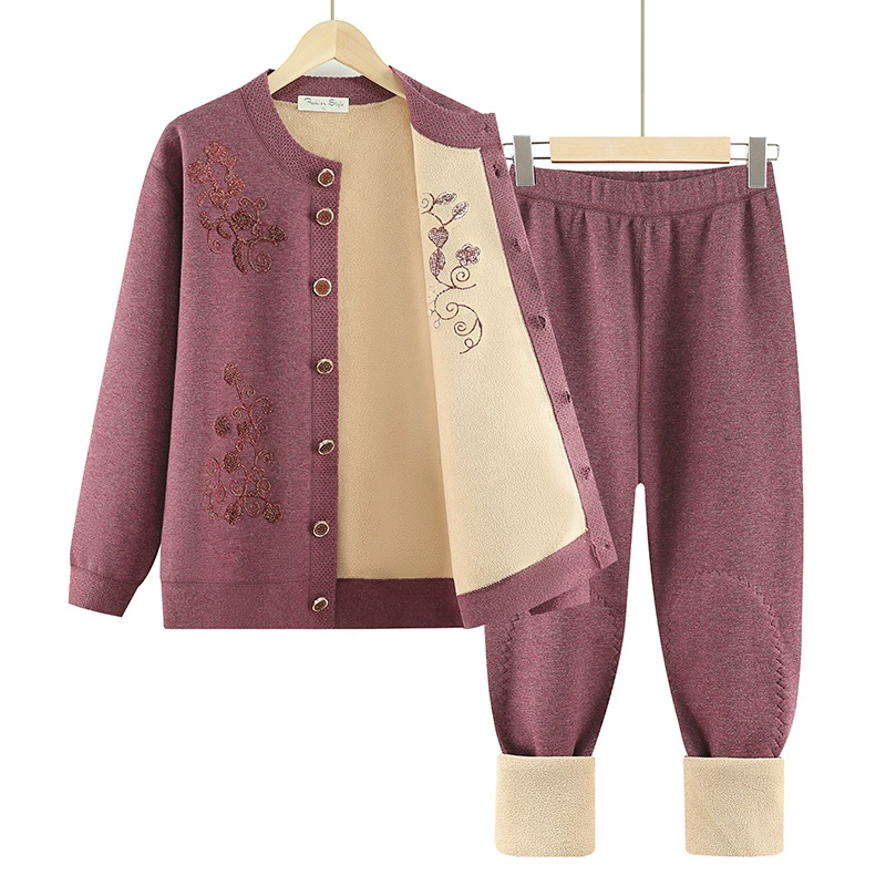 Осенне-зимний термобелье для бабушки, костюм для женщин среднего и пожилого возраста, утолщенный топ на флисовой подкладке, кардиган для матери, нижний комплект из двух предметов