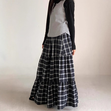 秋季新韩国复古学院风格子拼接大裙摆蓬蓬长裙半身裙日系少女