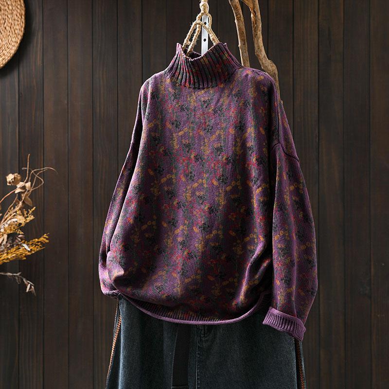 半高领花色棉线毛衣女宽松大码胖MM冬季新款复古休闲套头针织线衣