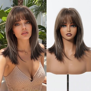 Full Wig for Women with High-Level Collarbone Hair, Simulated Facial Contouring and Age Reduction, Natural Medium Straight Hair, European and American Cross-Border Duoduo