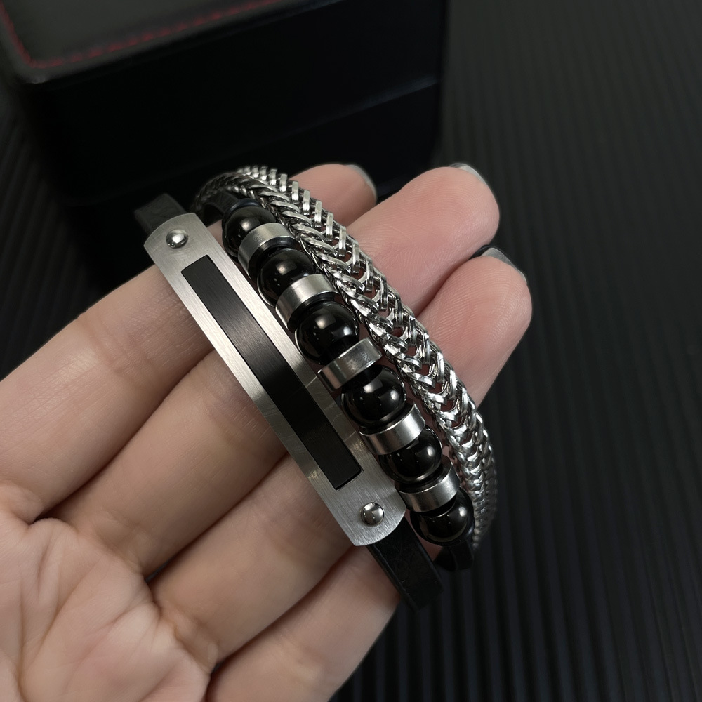 European and American Handmade Trendy Men's Black Asymmetrical Magnetic Buckle Leather Bracelet with Multi-layer Men's Woven Leather Bracelet_voghion.com