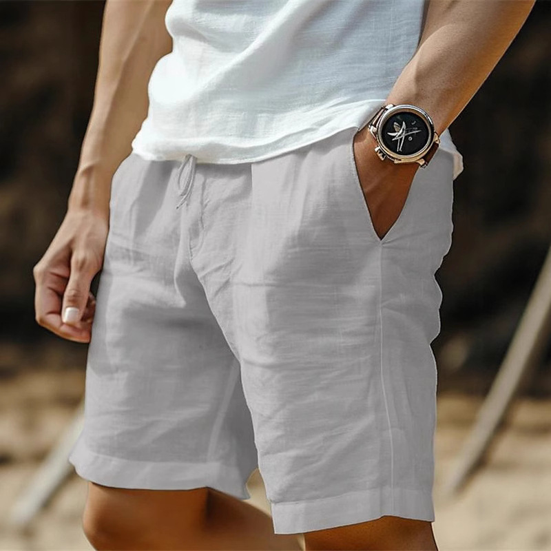 New Cross-Border Cotton and Linen Shorts Drawstring Elastic Waist Straight Leg Solid Color Breathable Daily Beach Casual Pants