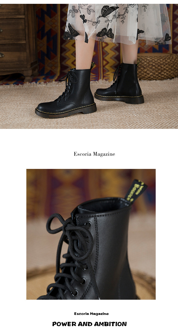 Bottes de moto courtes Martin noires en cuir véritable à lacets à huit et six trous de style britannique pour femmes_voghion.com