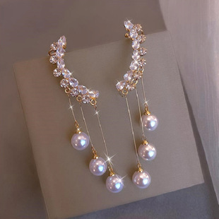 S 84111 Zircon tassel pearl drop earrings �ʯ���K�����L���