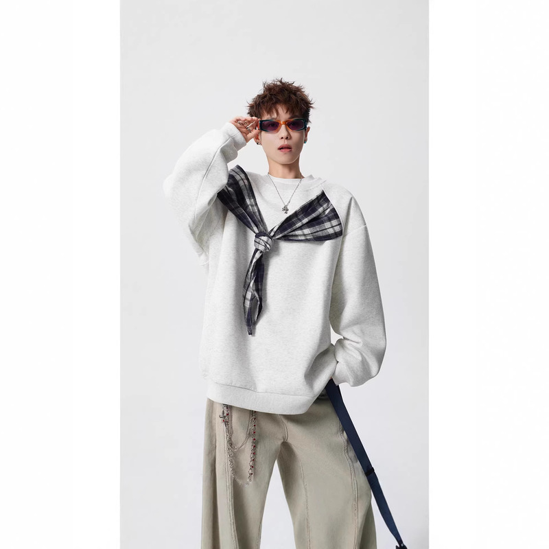 Spring American-Style High Street Pullover Sweatshirt for Men, Plaid Patchwork Shawl, Oversized Men's Color-Blocking Niche Top, Men's Clothing